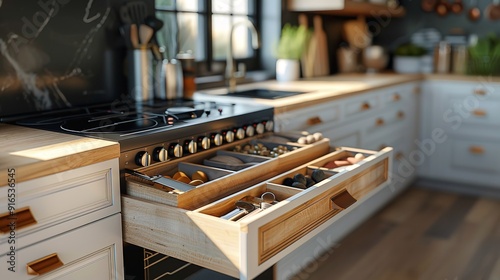 A meticulously organized kitchen drawer filled with various spices and cooking essentials, exemplifying orderliness and efficiency for an enhanced cooking experience.