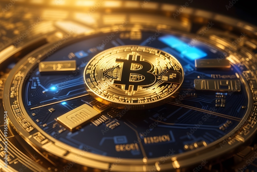 Golden coins with bitcoin symbol on a chip board. Bitcoin gold money futuristic network business concept. Digital background. Virtual reality, cyber. Cryptocurrency blockchain. 3d render
Golden coins with bitcoin symbol on a chip board. Bitcoin gold money futuristic network business concept. Digital background. Virtual reality, cyber. Cryptocurrency blockchain. 3d render