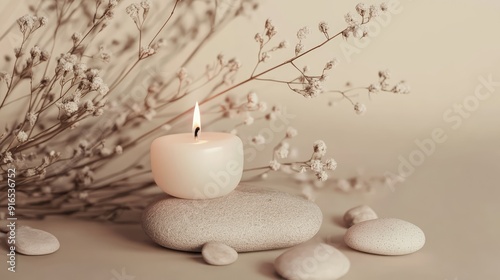 Aesthetic composition with stones and dry flowers. Burning candle on a beige background. AI generation