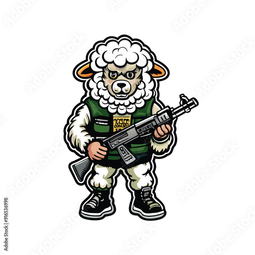 A cartoon sheep wearing a green vest, holding a rifle, with an angry expression.