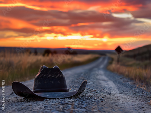 A cowboy hat lies forgotten on a dusty country road as the sun sets behind a horizon of orange and red clouds.
