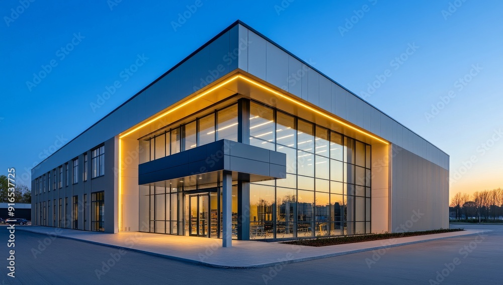 Modern Industrial Building with Large Glass Windows and Illuminated Entrance Modern Industrial Building with Large Glass Windows and Illuminated Entrance
