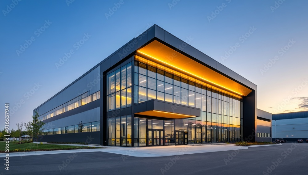 Modern Warehouse Exterior with Large Glass Windows and Blue Sky Background Modern Warehouse Exterior with Large Glass Windows and Blue Sky Background