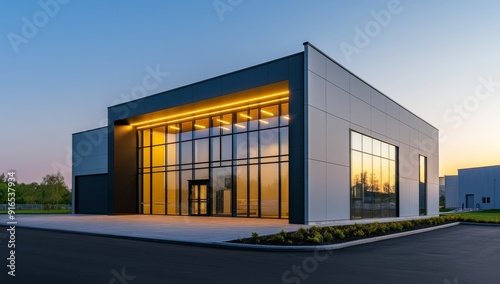 Wallpaper Mural Modern Warehouse Exterior with Large Glass Windows and Blue Sky Background Torontodigital.ca