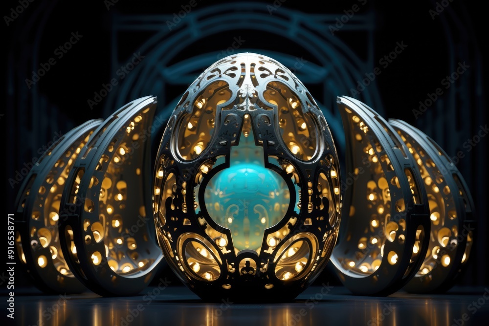 Obraz premium Easter Egg-shaped AI Architects: Artificial intelligence entities designing structures and technologies with Easter egg aesthetics.