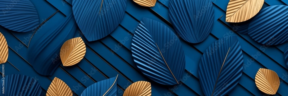 Pattern of Dark Blue Leaves with Golden Accents for Elegant Background