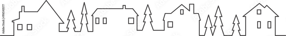 Town and village houses on skyline. Silhouette line of small buildings in neighborhood. Christmas rural simple drawing. Winter country landscape with trees Town and village houses on skyline. Silhouette line of small buildings in neighborhood. Christmas rural simple drawing. Winter country landscape with trees