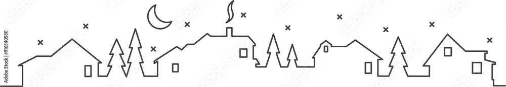 Town and village houses on skyline. Silhouette line of small buildings in neighborhood. Christmas rural simple drawing. Winter country landscape with trees in night Town and village houses on skyline. Silhouette line of small buildings in neighborhood. Christmas rural simple drawing. Winter country landscape with trees in night