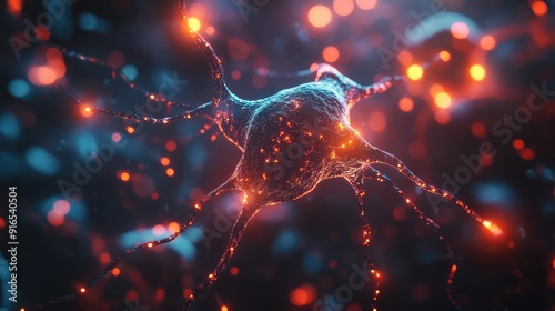 Conceptual illustration of a neuron cell with bright junctions in abstract dark space. Human nervous system. AI generation