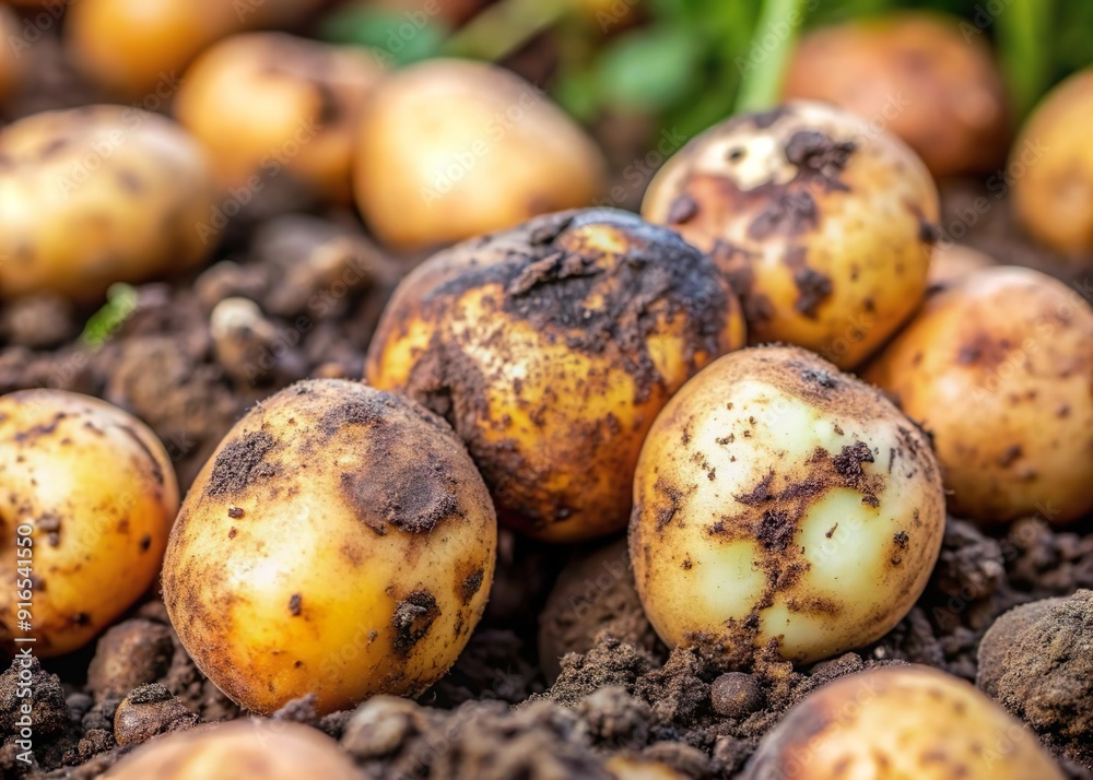 rotten potato on soil. Spoiled farm harvest rotten potato on soil. Spoiled farm harvest