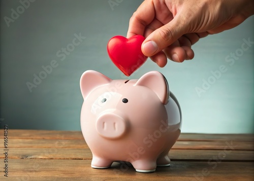 person put heart icon in piggy bank. Charity donation and kindness photo