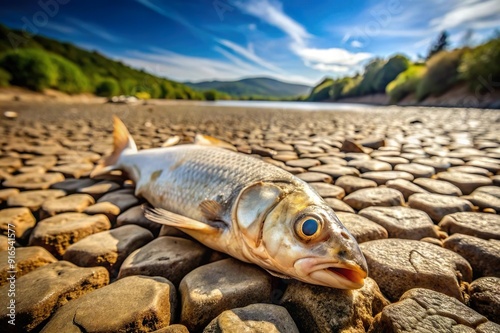 dying fish on dried up river bed. Water shortage disaster photo