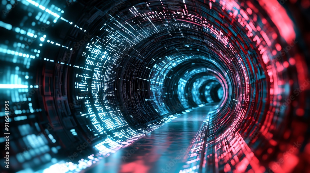 Fototapeta premium A futuristic digital tunnel with swirling lights and vibrant colors, representing technology and innovation.