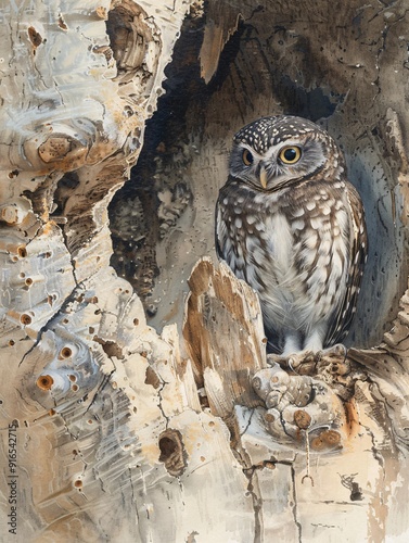 A spotted owl vocalizes to attract a companion from a branch. photo