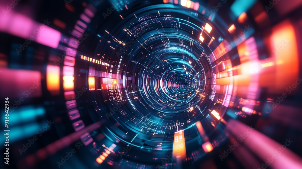 A vibrant digital tunnel showcasing colorful light trails, creating a mesmerizing sense of motion and depth in a futuristic design.
