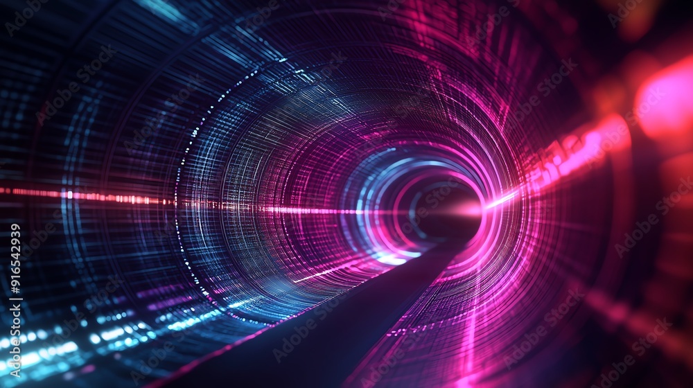 A vibrant digital tunnel radiating dynamic light patterns in shades of blue and pink, representing speed and connectivity.