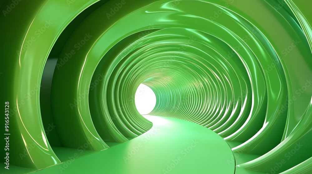 Obraz premium A vibrant green tunnel with smooth curves leading to a bright light, symbolizing journey and exploration in a modern environment.