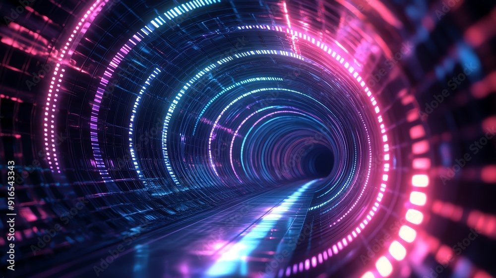 Obraz premium A vibrant, glowing tunnel with illuminated lines, showcasing a futuristic journey through colorful light patterns.