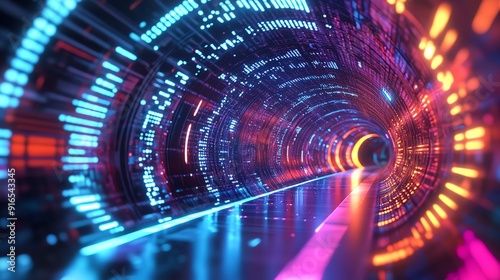 A vibrant, futuristic tunnel of lights and colors, showcasing technology and motion in a captivating digital environment.