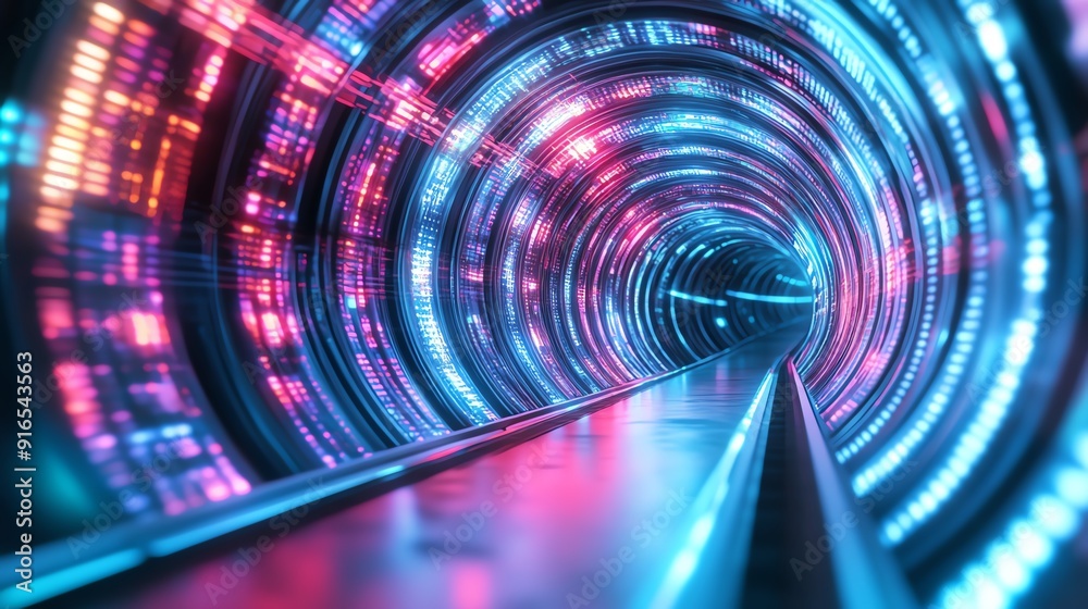 Fototapeta premium A vibrant tunnel of light, featuring neon colors and a futuristic design that draws the viewer into a mesmerizing depth.