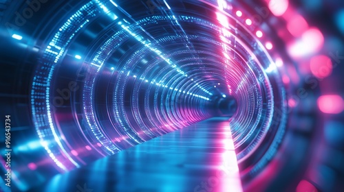 A vibrant, futuristic tunnel illuminated by neon lights, creating an immersive digital environment with dynamic energy.