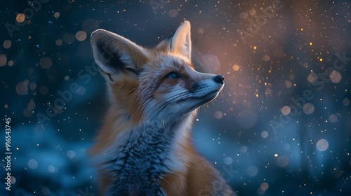 A Fennec Fox against an abstract starry night background, deep blues and twinkling stars, evoking a sense of nocturnal mystery and wonder, hd quality, natural look. --ar 16:9 --v 6.