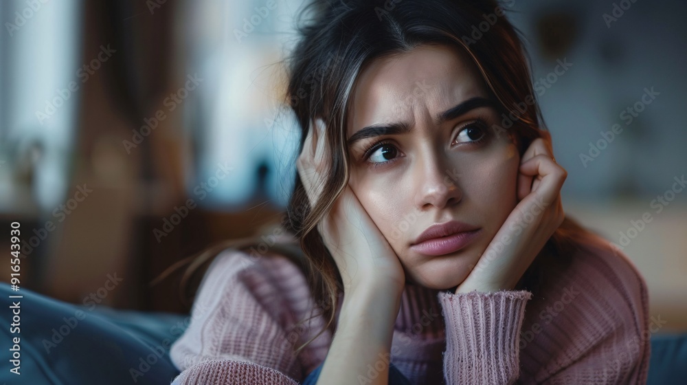 Intense shot of melancholy introspective young lady reflecting on love, inner struggles, and solitude in her dwelling.