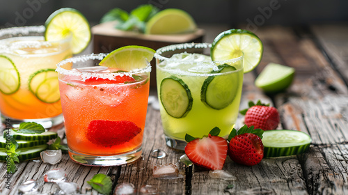 Three glasses of different types of margaritas, each with salt on the rim.
