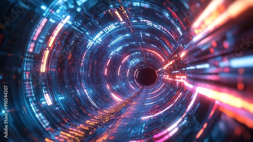 Futuristic tunnel with glowing lights in vibrant colors, creating a sense of motion and depth in a digital landscape.