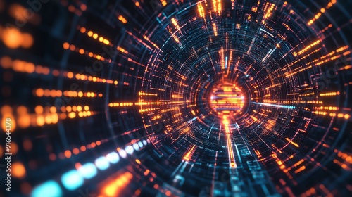 Futuristic tunnel with vibrant lights, representing technology and motion in a digital world. Ideal for sci-fi or tech projects.