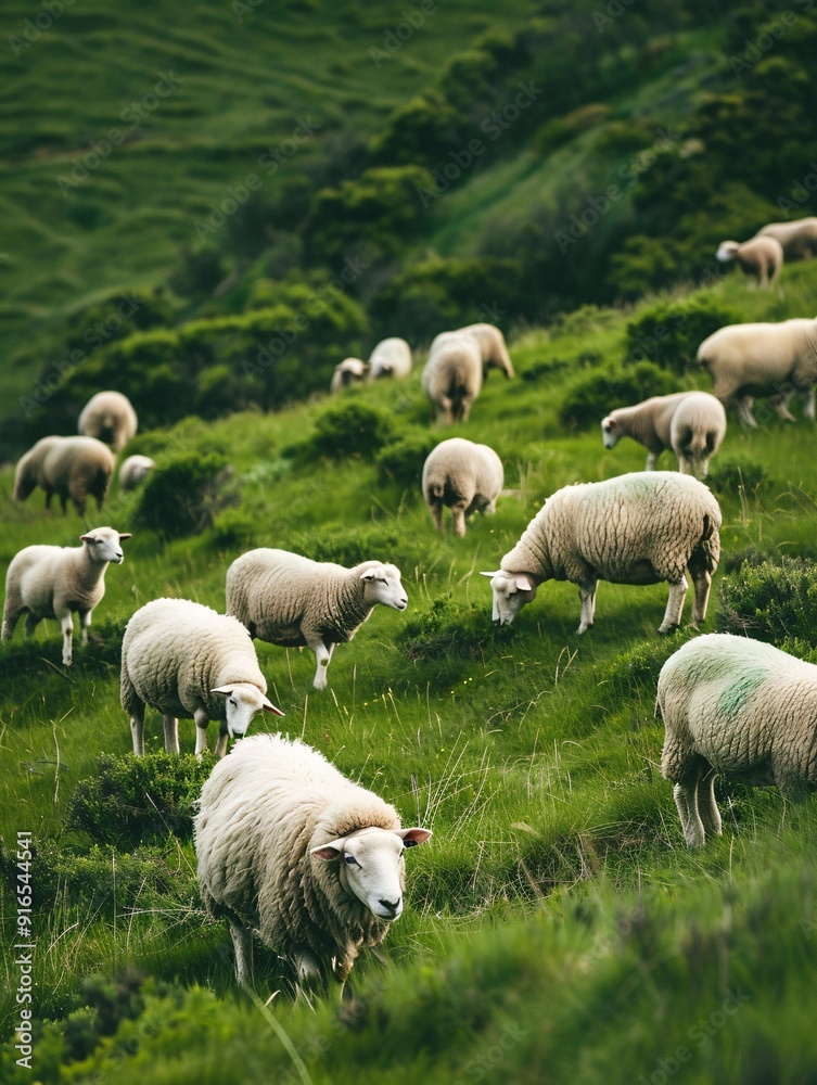 Fototapeta premium A herd of sheep grazed contentedly on the vibrant green slope.