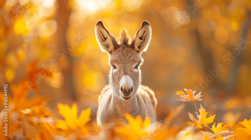 A Miniature Donkey with an abstract autumn background, swirling leaves in shades of orange and yellow, creating a warm and cozy atmosphere, hd quality, natural look. --ar 16:9 --v 6. photo