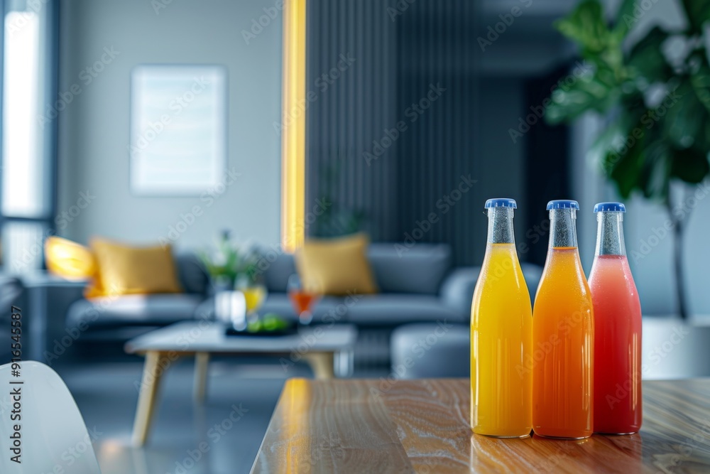 Bottles of vibrant juice on a sleek modern dining table, set against a backdrop of minimalist and stylish decor, adding a refreshing touch Bottles of vibrant juice on a sleek modern dining table, set against a backdrop of minimalist and stylish decor, adding a refreshing touch