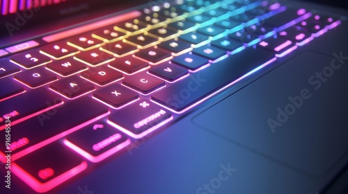 Closeup view of laptop keyboard in neon light