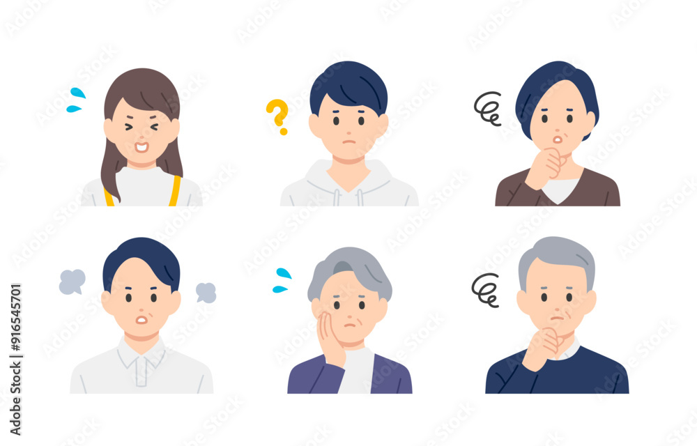 ネガティブな高校生･中年･シニアの上半身セット【人物ベクターイラスト素材】