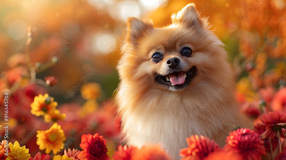 A Pomeranian with an abstract floral background, blooming flowers in bright reds and yellows, creating a cheerful and whimsical ambiance, hd quality, natural look. --ar 16:9 --v 6. A Pomeranian with an abstract floral background, blooming flowers in bright reds and yellows, creating a cheerful and whimsical ambiance, hd quality, natural look. --ar 16:9 --v 6.