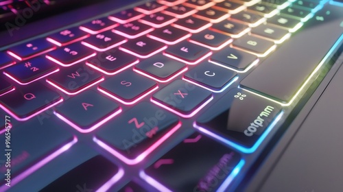 Closeup view of laptop keyboard in neon light
