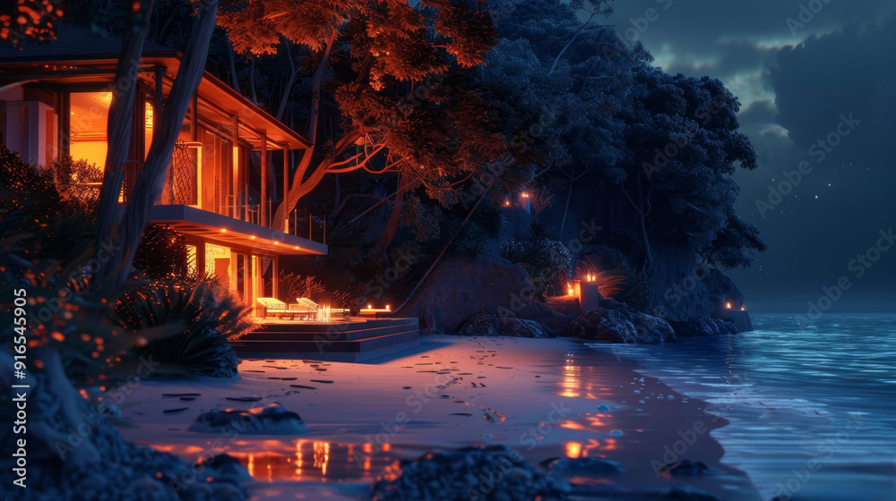 A serene beach house illuminated at night, reflecting on calm waters surrounded by lush foliage and gentle waves. A serene beach house illuminated at night, reflecting on calm waters surrounded by lush foliage and gentle waves.