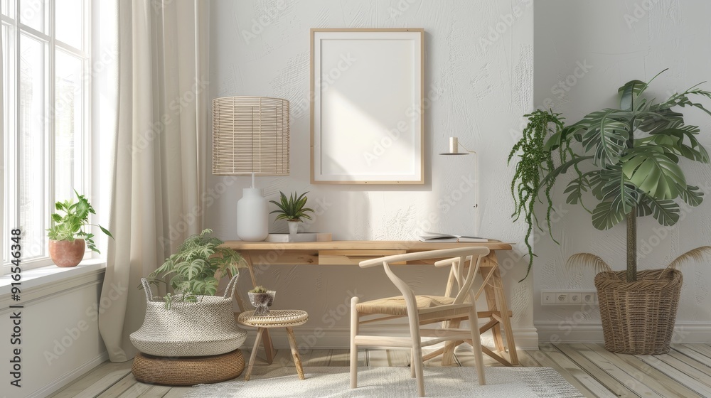Cozy workplace interior at home with frame mockup Cozy workplace interior at home with frame mockup