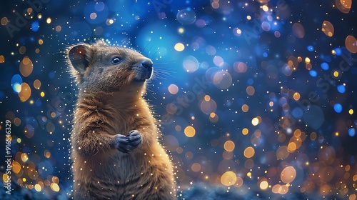 A Quokka with an abstract cosmic background, stars and galaxies in shades of blue and purple, creating a mystical and otherworldly vibe, hd quality, natural look. --ar 16:9 --v 6.0 --s 250 --style raw photo