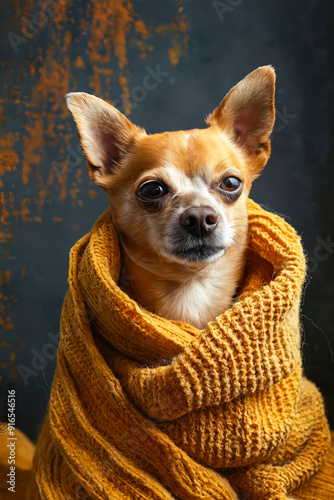 A small chihuahuan dog wrapped in a yellow blanket photo