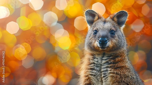 A Quokka with an abstract geometric background, sharp lines and contrasting colors, creating a modern and dynamic composition, hd quality, natural look. --ar 16:9 --v 6.0 --s 250 --style raw