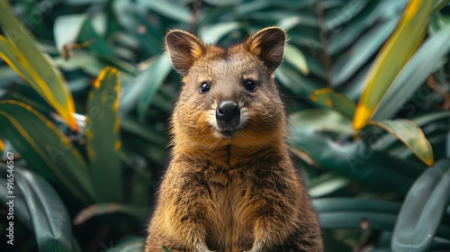 A Quokka with an abstract jungle background, lush greens and vibrant tropical patterns, evoking a sense of exotic wonder, hd quality, natural look. --ar 16:9 --v 6.0 --s 250 --style raw photo