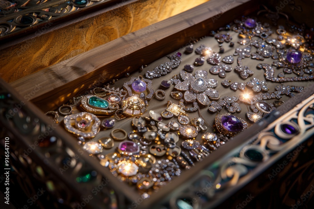 Treasure chest opened to reveal luxurious jewelry inside, with light highlighting the sparkling gems and gold, creating a scene of wealth and grandeur Treasure chest opened to reveal luxurious jewelry inside, with light highlighting the sparkling gems and gold, creating a scene of wealth and grandeur