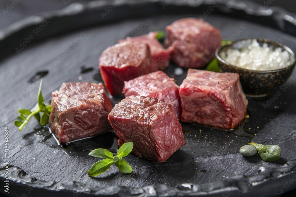 Delicious marbled Wagyu beef cube cuts on a luxurious black stone texture plate, showcasing the rich marbling and tender texture of the premium beef Delicious marbled Wagyu beef cube cuts on a luxurious black stone texture plate, showcasing the rich marbling and tender texture of the premium beef