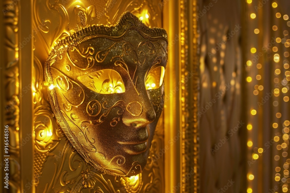 Obraz premium Golden mask hanging on a sophisticated wall, bathed in golden lighting, creating a rich and opulent ambiance that highlights the intricate details of the mask