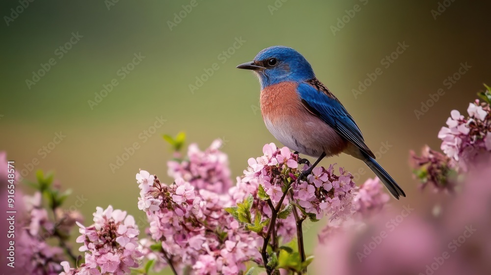 Vibrant bluebird perched on pink blossoms. Vibrant bluebird perched on pink blossoms.