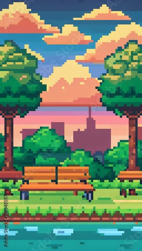 Park landscape with benches and trees pixel art background. 8-bit game assets