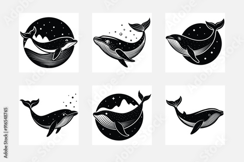 Artistic minimal whale silhouette collection on white background perfect decor
