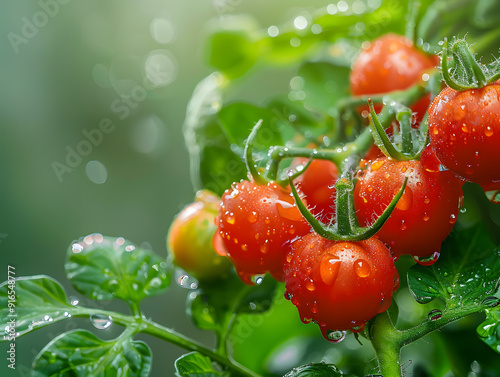 Cherry tomatoes on a branch in droplets of water. Neural network AI generated art
